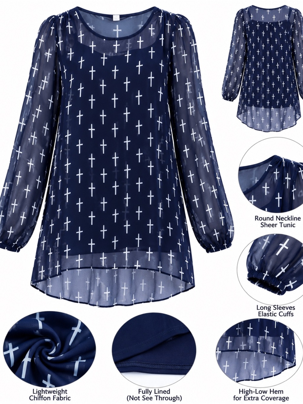 Rue21 Navy Blue Mini Tunic High Low with White Cross Print
Lined over Sheer